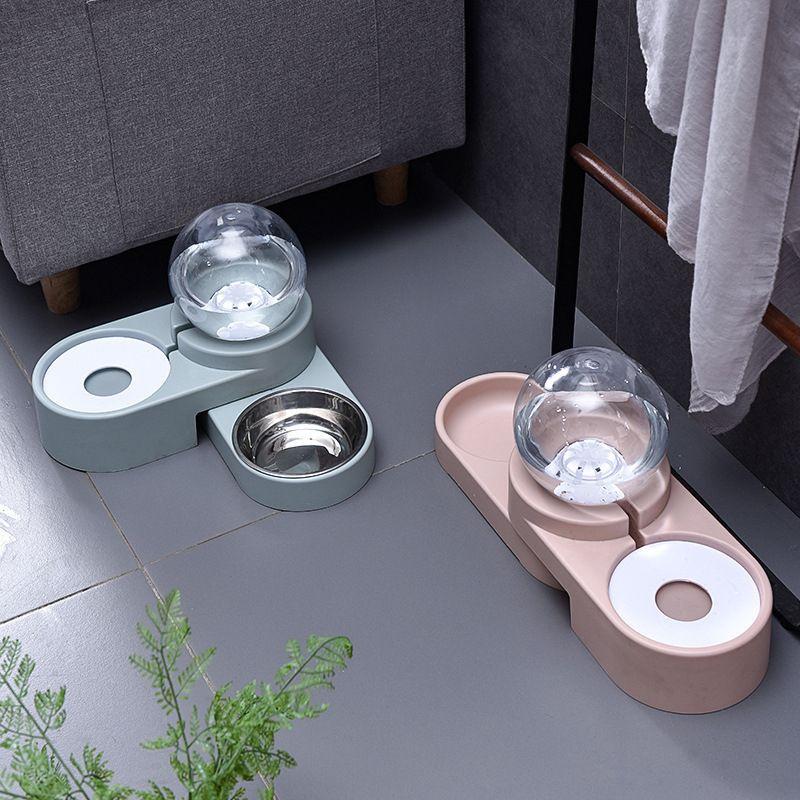 Double bowl with water dispenser for cat-dog, pink