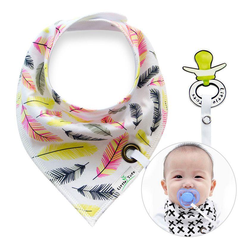 Scarf / bib with a pacifier hanger - colorful feathers