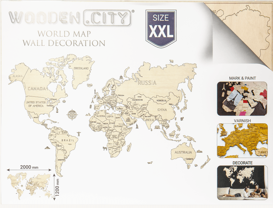 Drewniana Mapa Świata na ścianę 3D, rozm. XXL – kolor naturalny