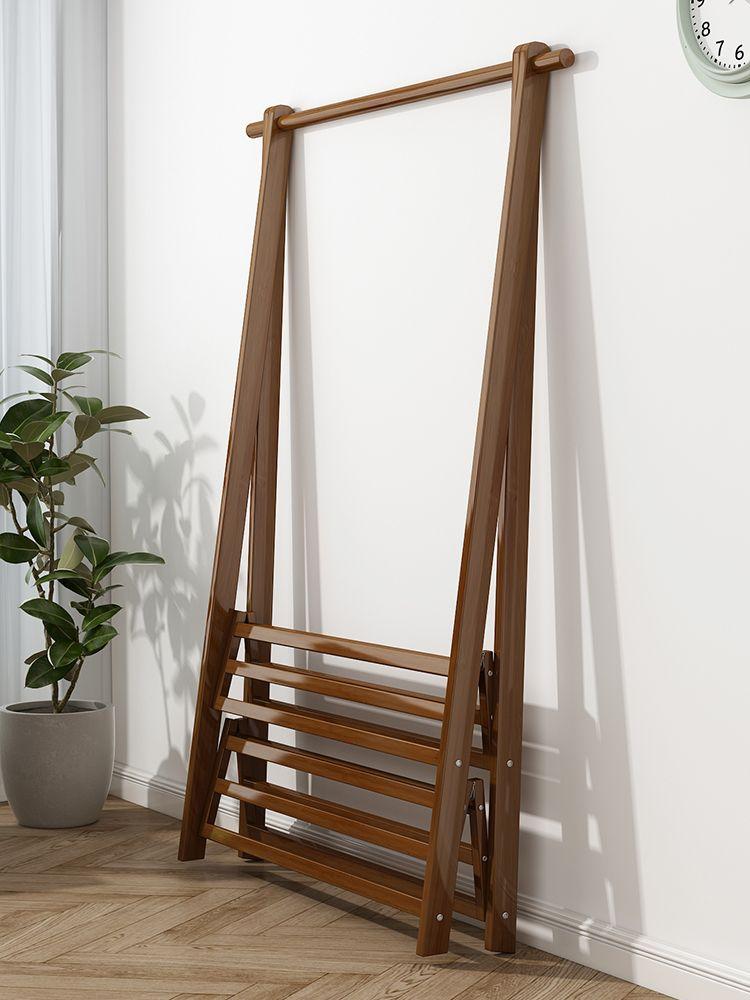 Bambusowy wolnostojący trapezowy wieszak na ubrania z 2-poziomowymi półkami, długość 86 cm