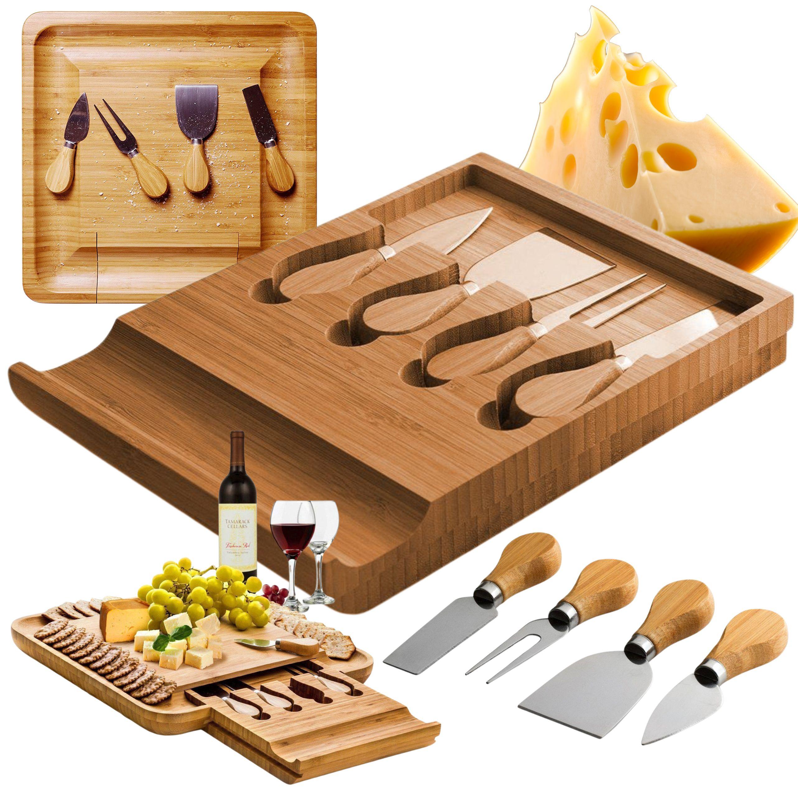 Bamboo cheese serving board with knives
