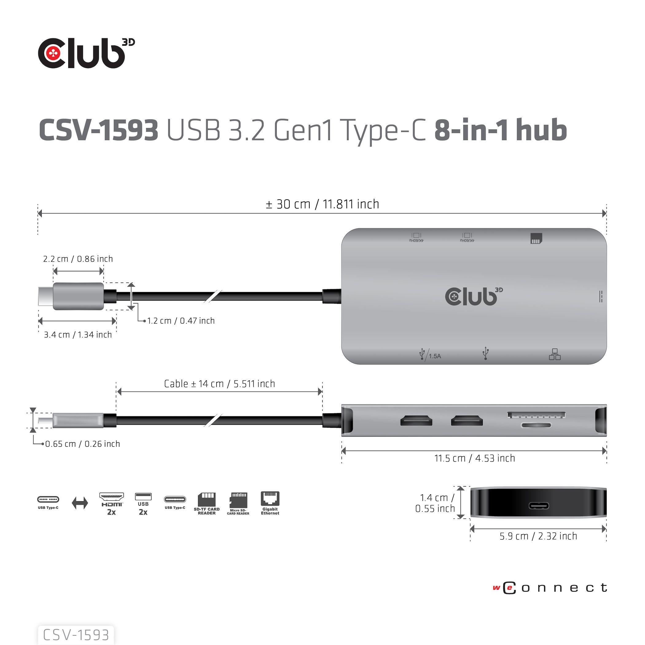 Hub Club3D CSV-1593 (USB 3.2 Gen1 Type-C 8-in-1 hub with 2x HDMI™, 2x USB-A, RJ45, SD/Micro SD card slots and USB Type-C female port)