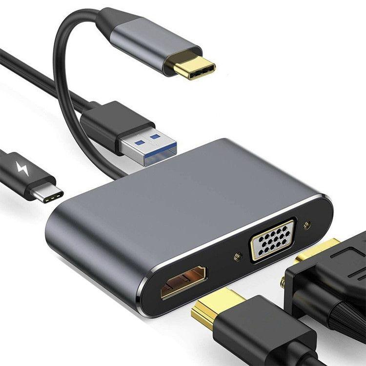 Adapter aluminiowy HUB 4w1 USB-C na 4K HDMI, VGA, USB 3.0, PD USB-C
