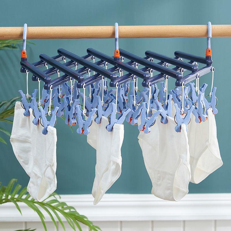 Plastikowy składany wieszak na ubrania z klipsami – 29 klipsów - ciemnoniebieski