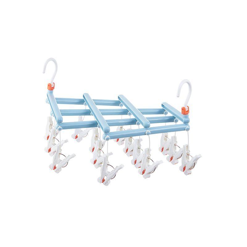 Plastic foldable clothes hanger with clips - 14 clips - light blue