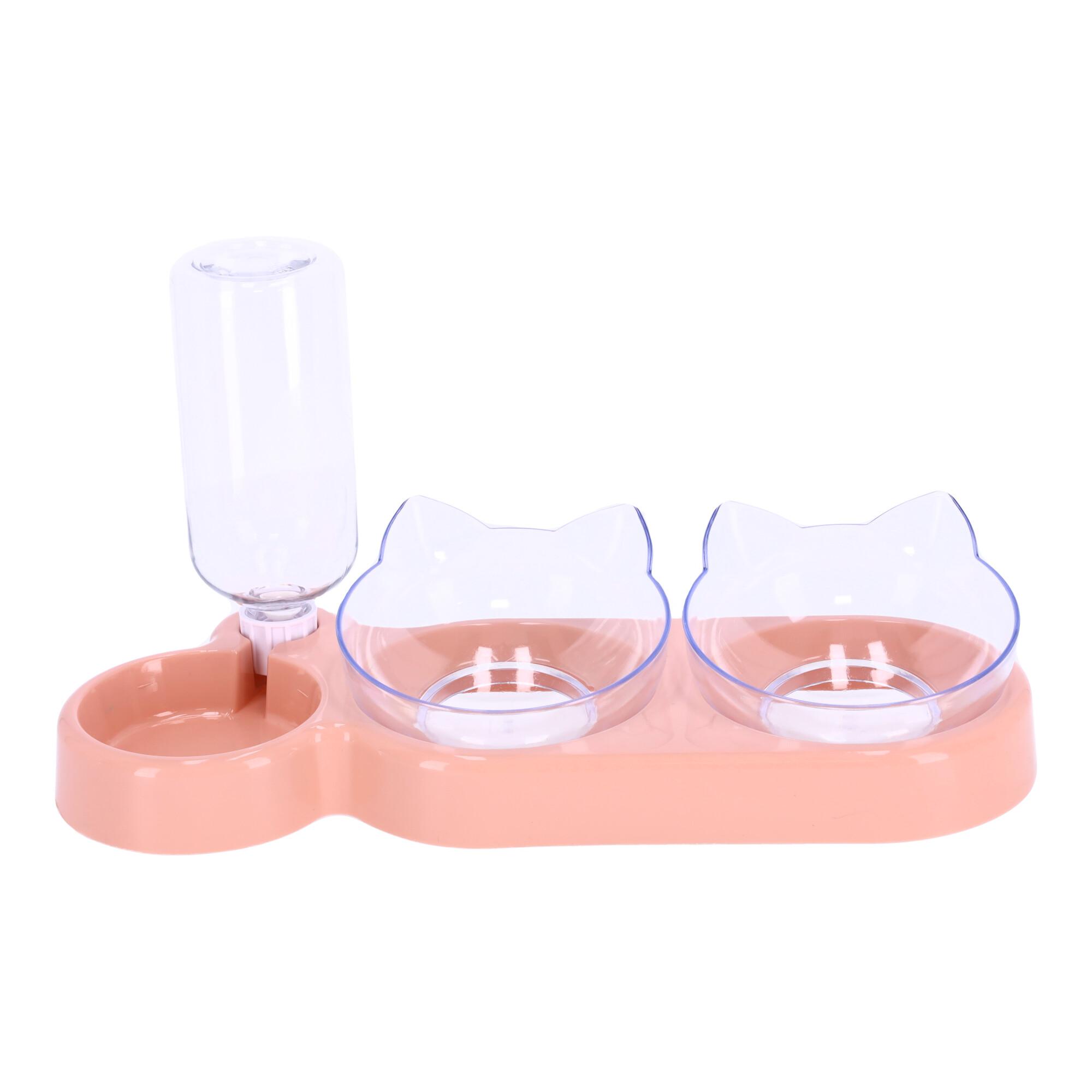 Double bowl with automatic water dispenser for dog and cat 3-in-1 - pink