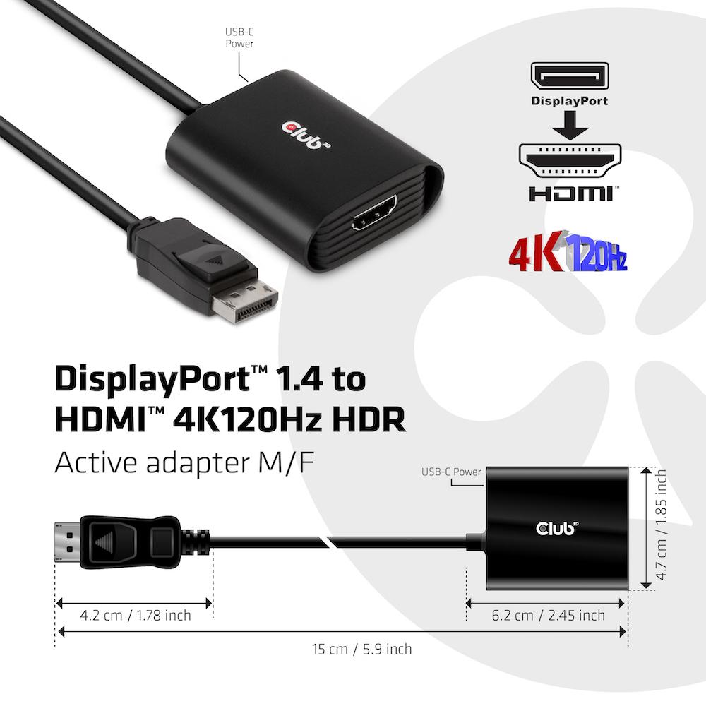 Adapter Club3D CAC-1085 (DisplayPort1.4 to HDMI 4K 120Hz HDR Active Adapter)