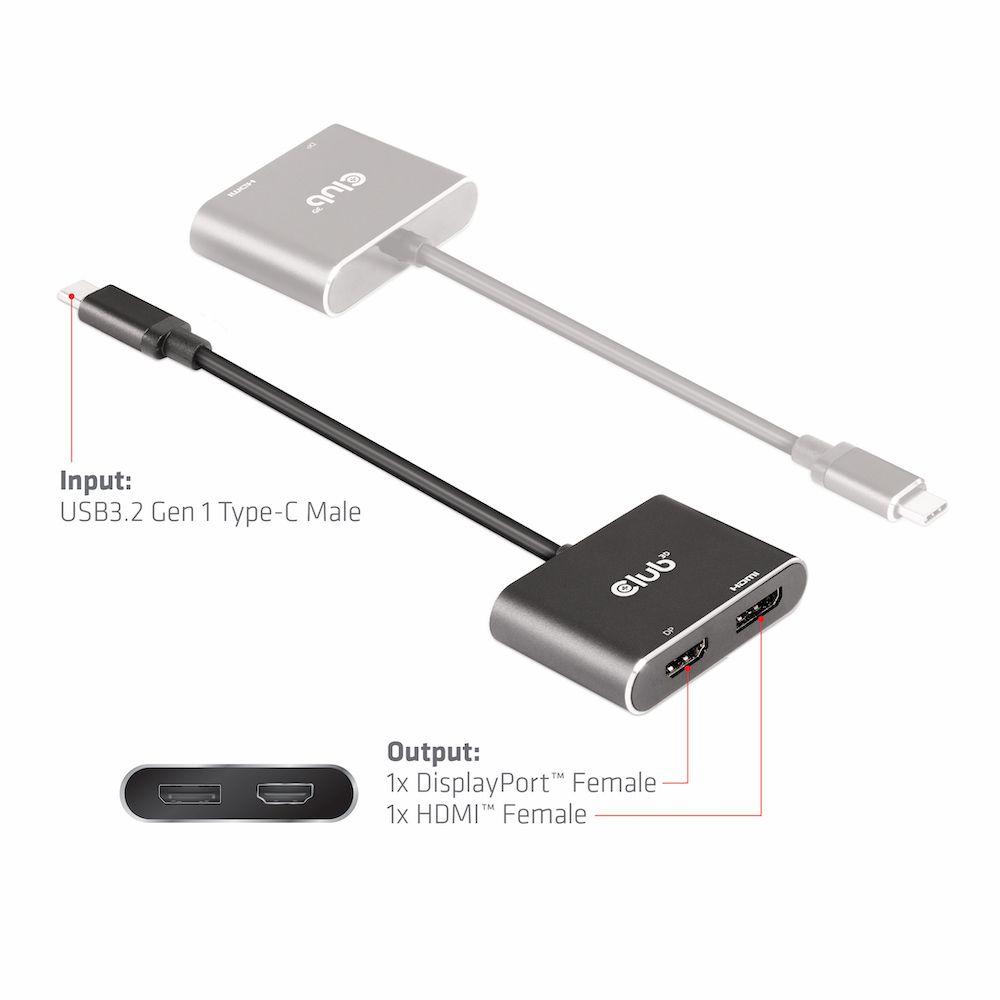 Spliter Club3D CSV-1552 (MST hub USB3.2 Gen2 Type-C(DP™ Alt-Mode) to DisplayPort™ + HDMI™ 4K60Hz M/F)
