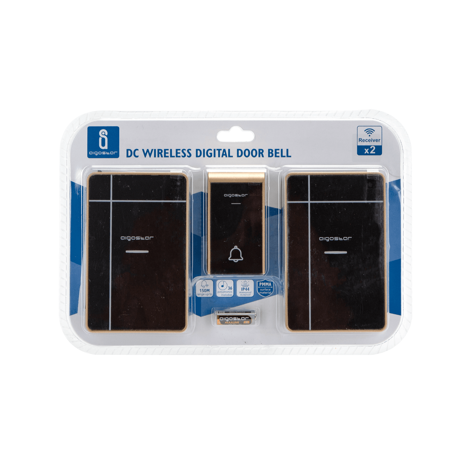 Wireless digital doorbell, two receivers - gold black