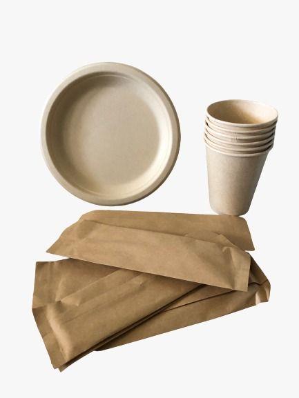 A set of disposable dishes for 6 people made of sugar cane