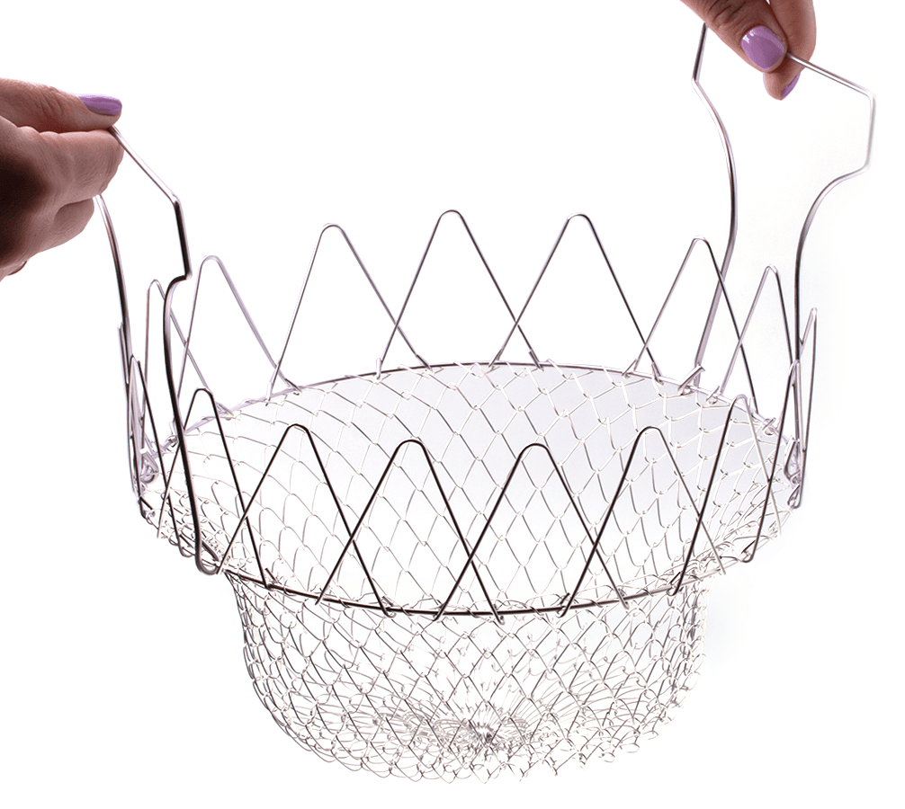 Foldable basket, strainer for frying or cooking
