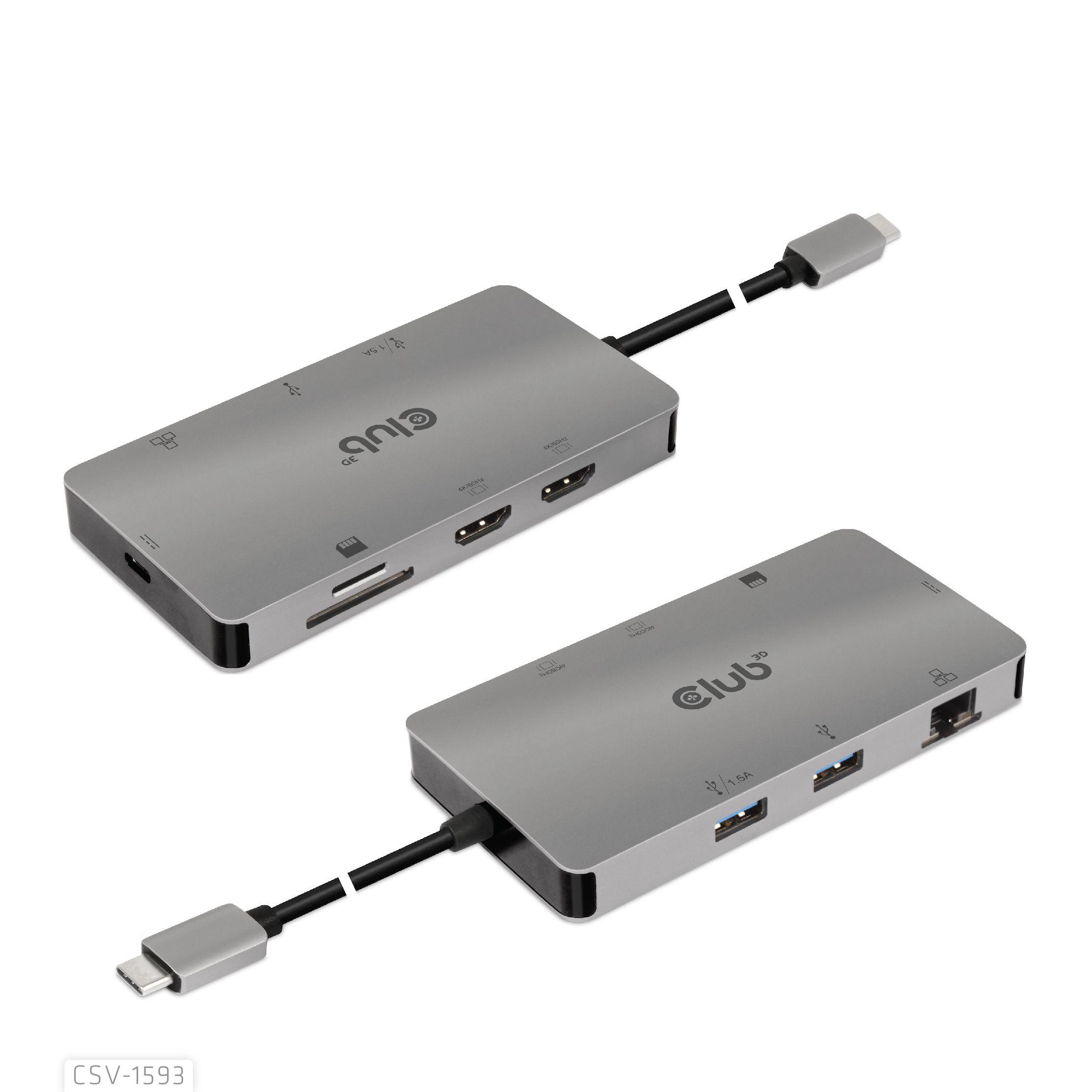 Hub Club3D CSV-1593 (USB 3.2 Gen1 Type-C 8-in-1 hub with 2x HDMI™, 2x USB-A, RJ45, SD/Micro SD card slots and USB Type-C female port)