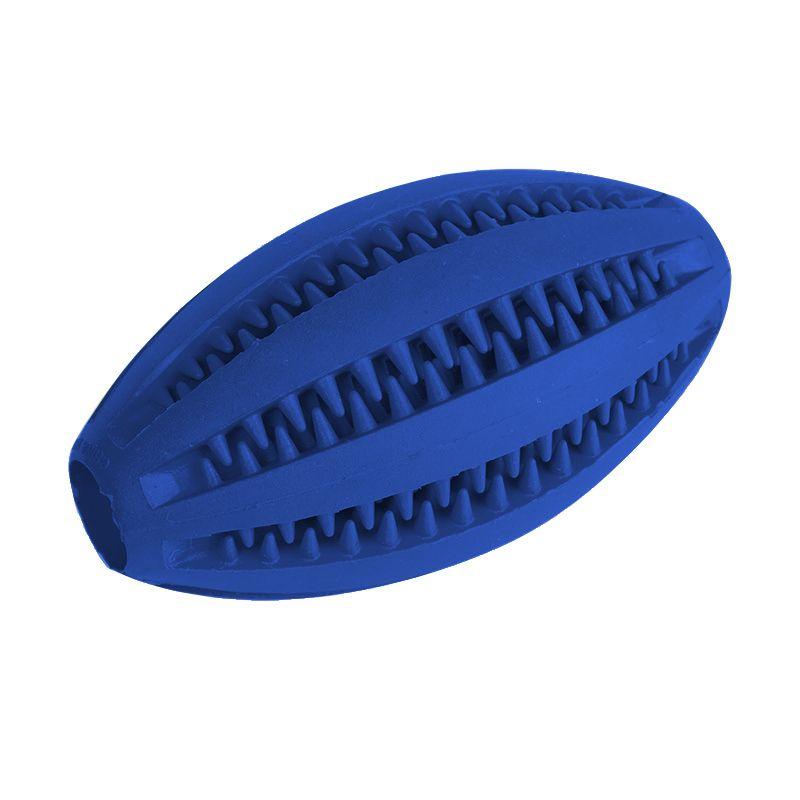 Toy rugby ball. Teether cleans teeth. Dog blue