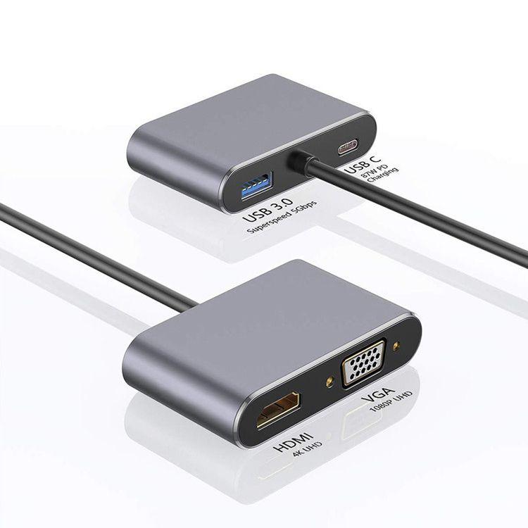 Aluminum adapter HUB 4in1 USB-C to 4K HDMI, VGA, USB 3.0, PD USB-C