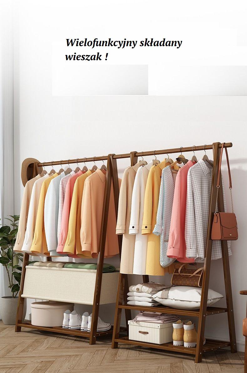 Bamboo freestanding trapezoidal clothes rack with canvas bag, length 116 cm.
