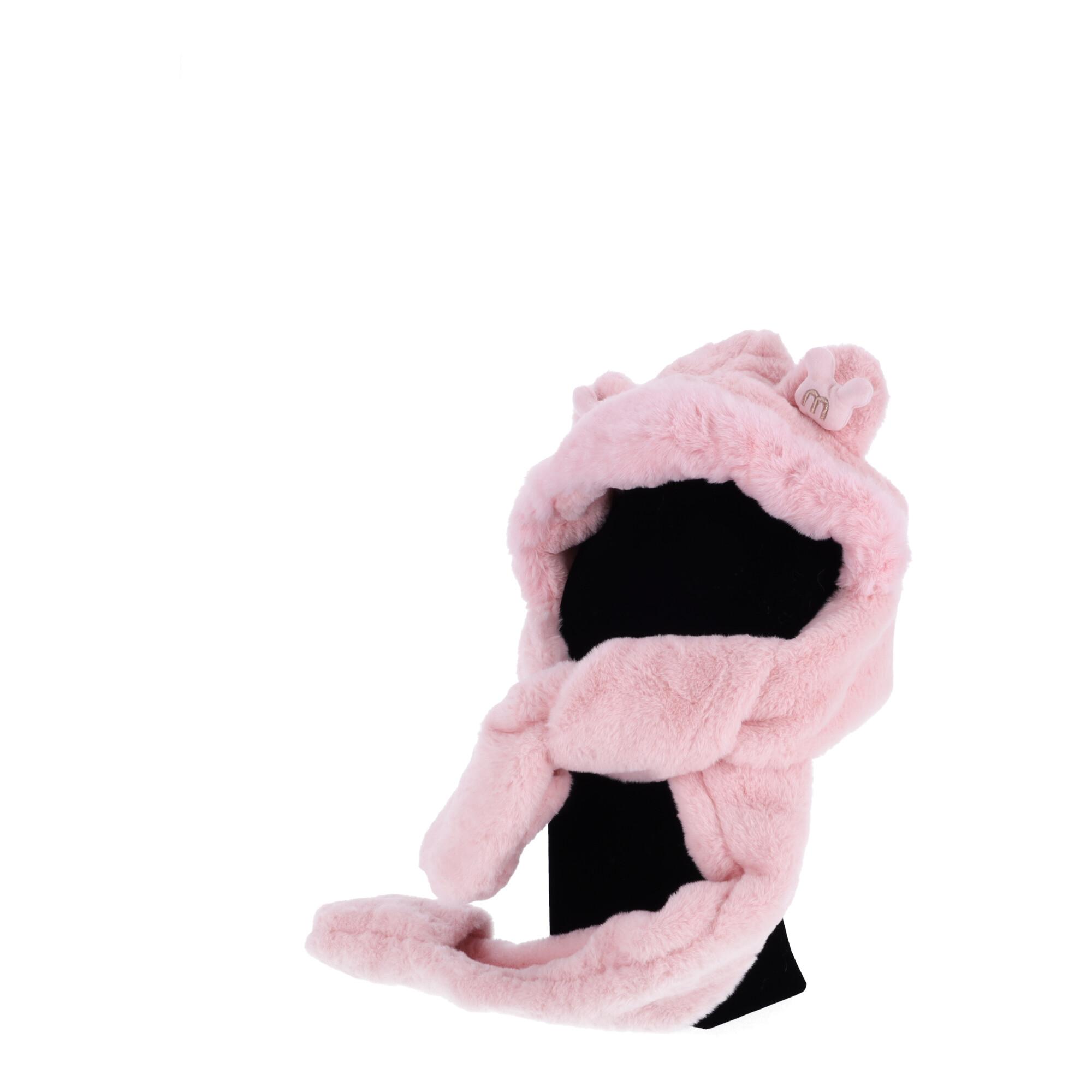 Children's plush hat with a scarf and 3in1 gloves for children from 2 to 12 years old - light pink
