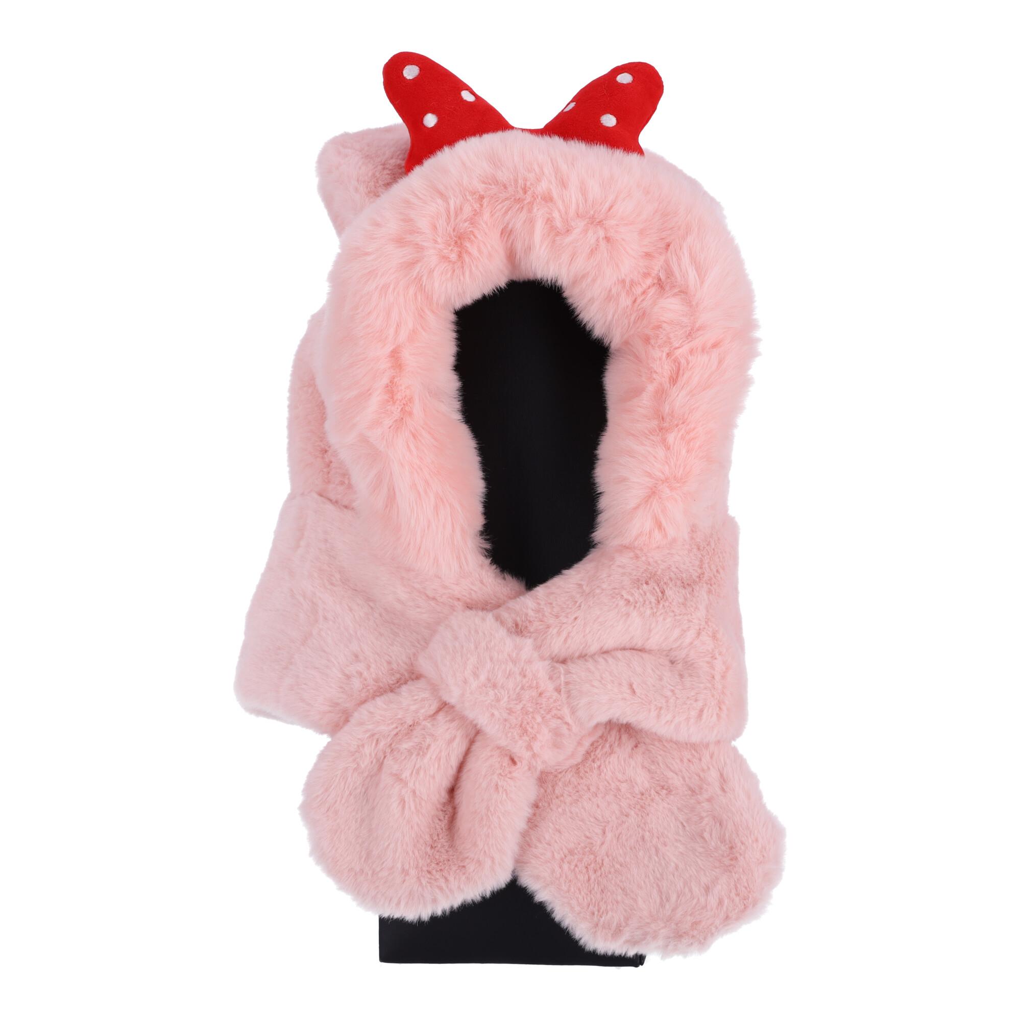 Children's plush hat with a scarf for children aged 1 to 8 - pink with a red bow