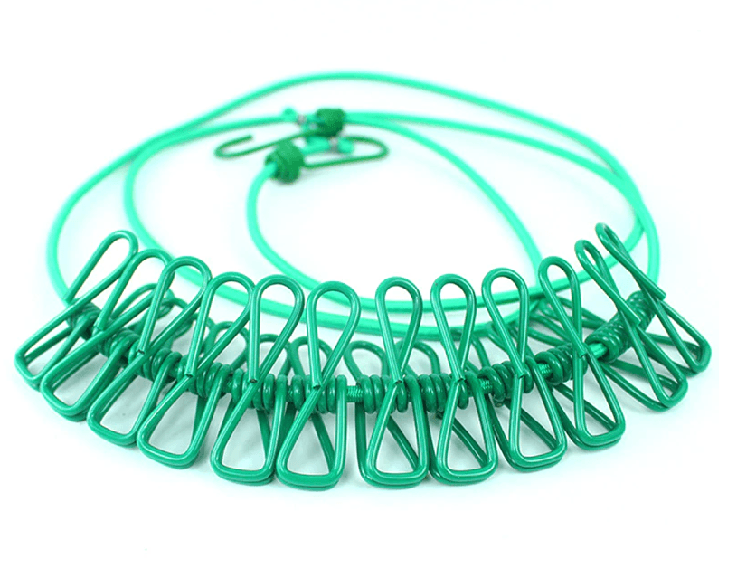 Elastic laundry rope with 12 buckles - green