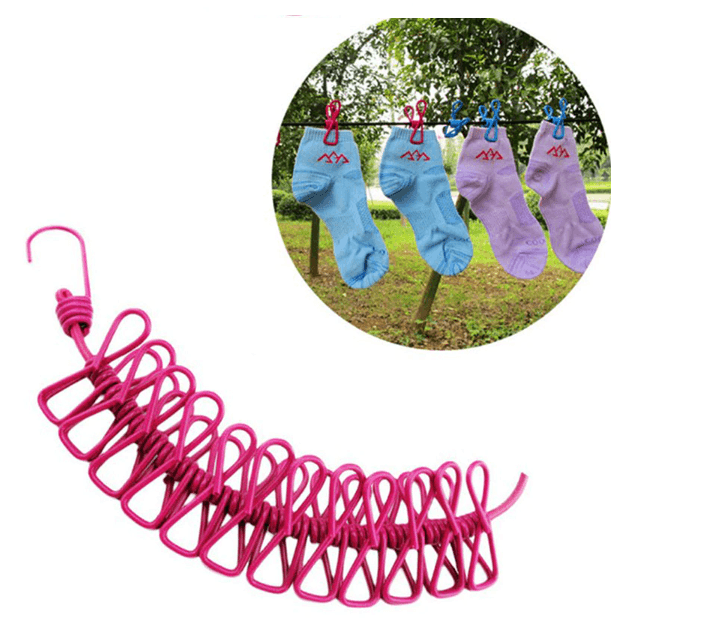 Elastic laundry rope with 12 buckles - dark pink