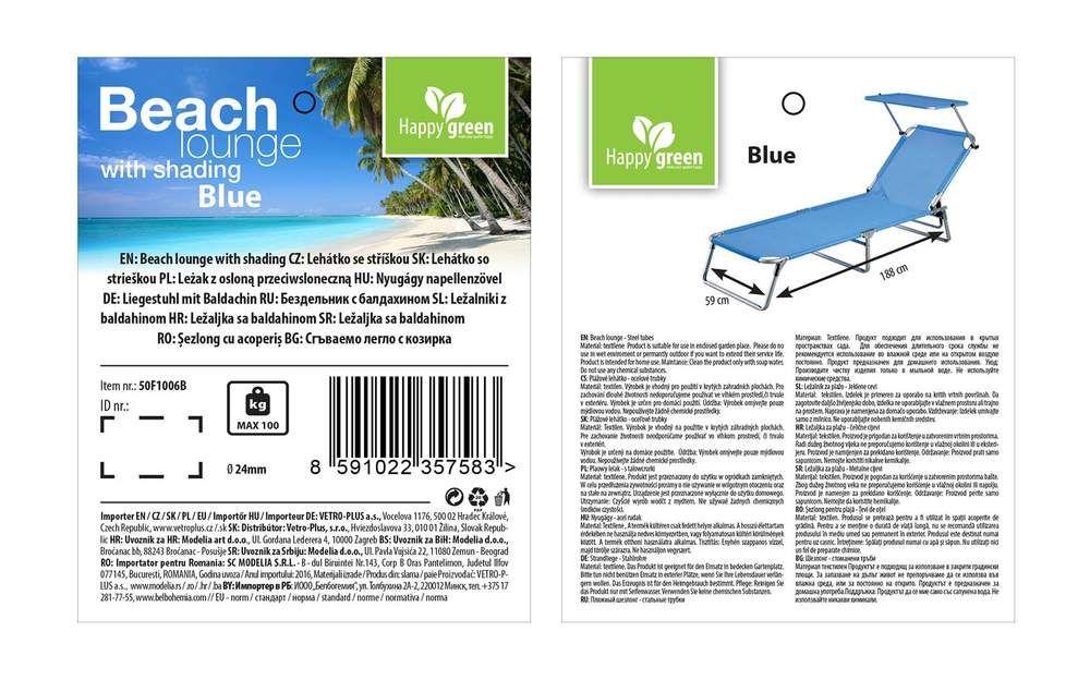 Leżak ogrodowy, plażowy z daszkiem - niebieski