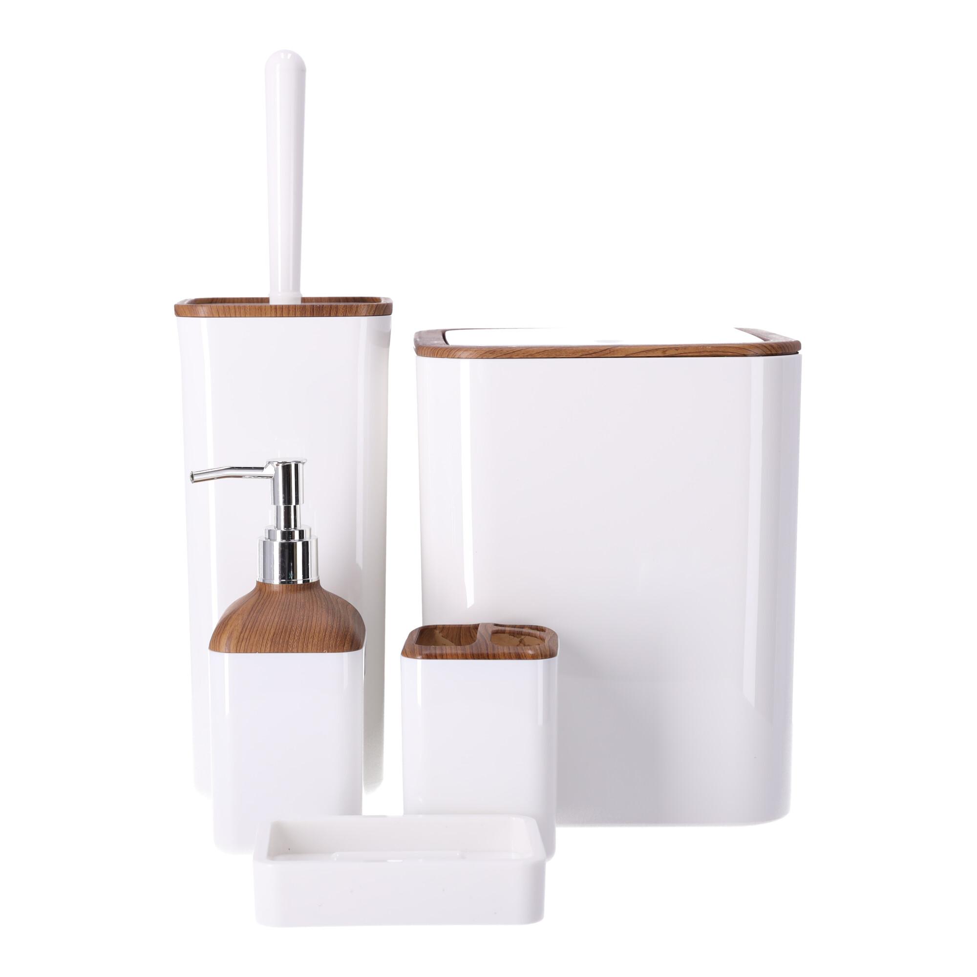 Bathroom accessories set of 5 items BERRETTI, white + wood