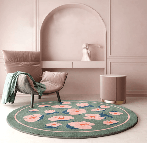 Okrągły dywan, antypoślizgowy 100 x 100 cm - wzór Kwiaty, zielony