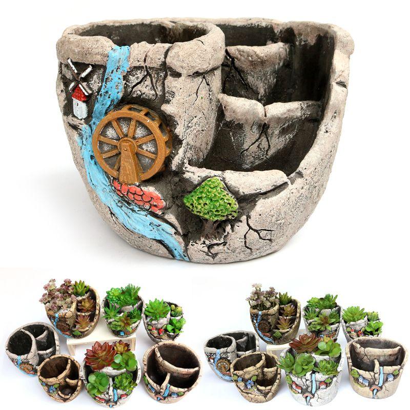 Decorative landscape pot - water wheel, stone color