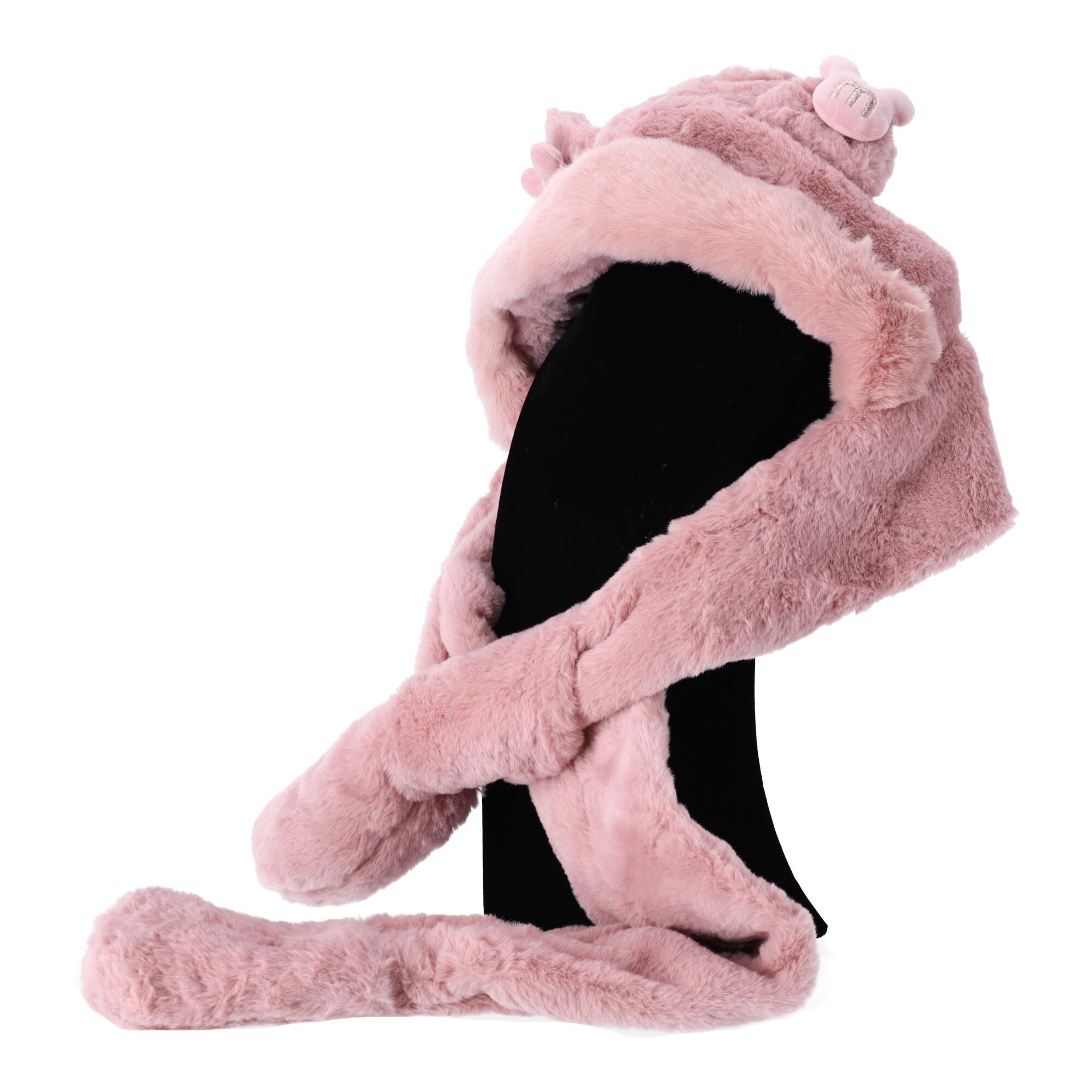 Children's plush hat with a scarf and 3in1 gloves for children from 2 to 12 years old - pink