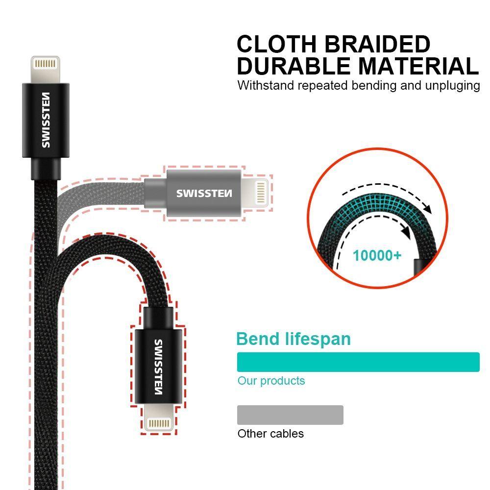 Kabel / Przewód w oplocie USB / Lightning 1.2 m Swissten - czarny