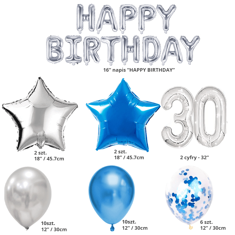 A set of balloons for 30th birthday - silver - blue