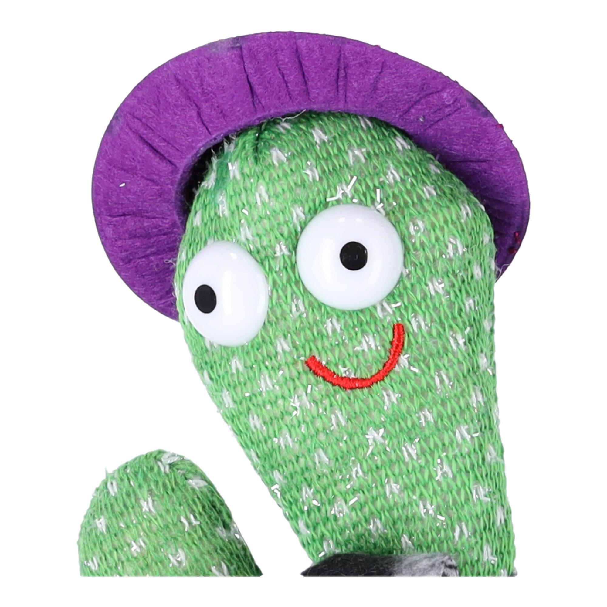 Children's toy - Dancing cactus - with black checkered scarf and purple hat