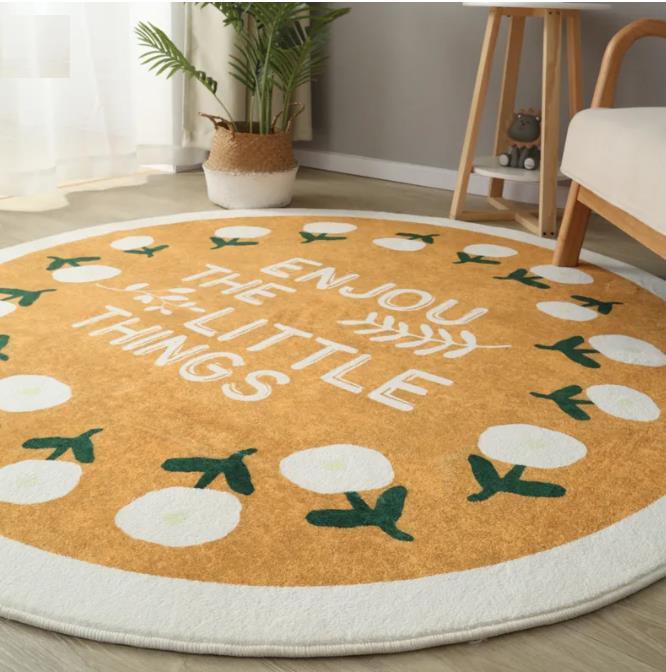 Okrągły dywan, antypoślizgowy 100 x 100 cm - wzór Kwiaty, żółty