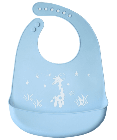 Silicone bib with a pocket for children - light blue, giraffe