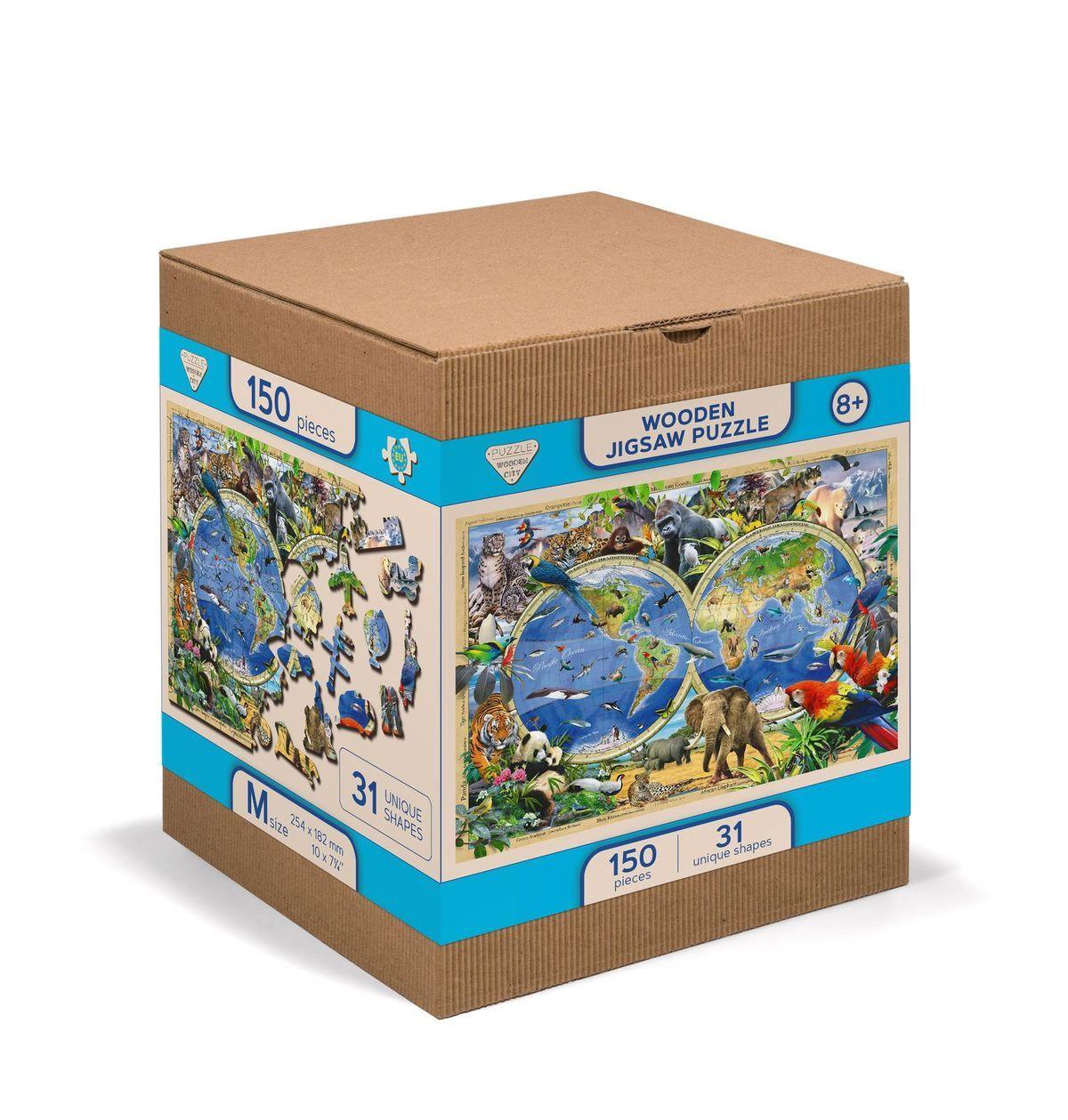 Drewniane Puzzle z figurkami – Zwierzęta świata mapa rozm. XL, 1010 elementów