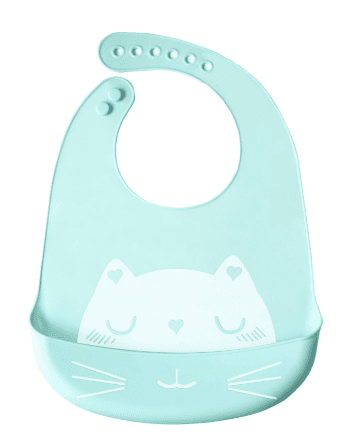 Silicone bib with a pocket for children - mint, cat