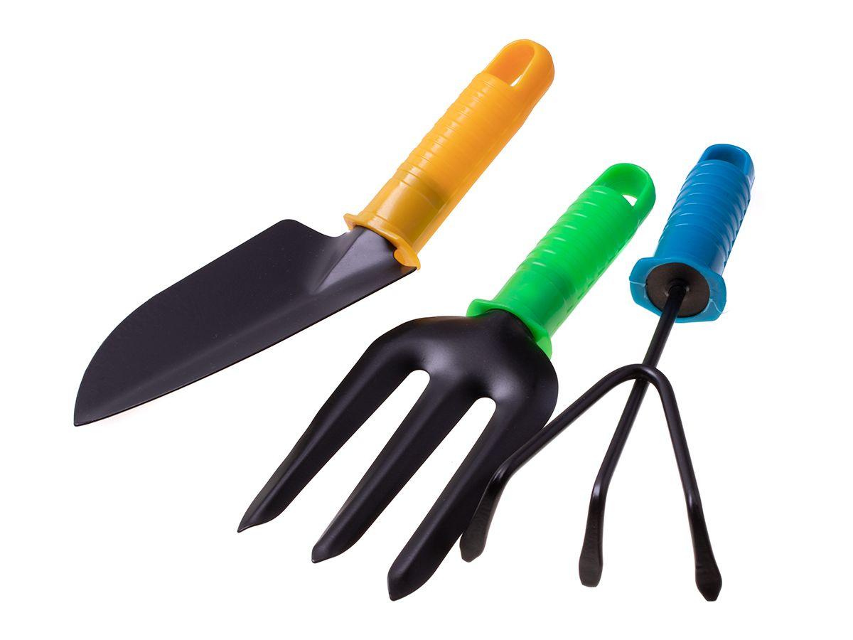 Zestaw narzędzi ogrodniczych dziecięcy łopatka grabki widełki kolorowe rączki