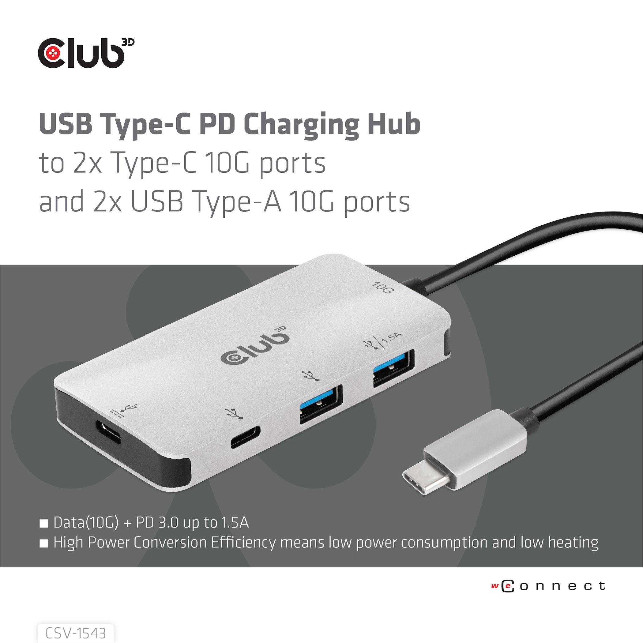 Hub Club3D CSV-1543 (USB Gen2 Type-C PD Charging to 2x Type-C 10G ports and 2x USB Type-A 10G ports Hub)