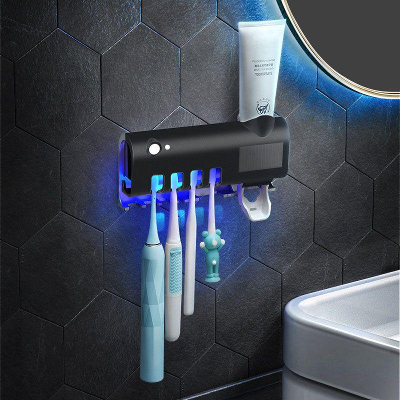 UV toothbrush holder with toothpaste dispenser - black