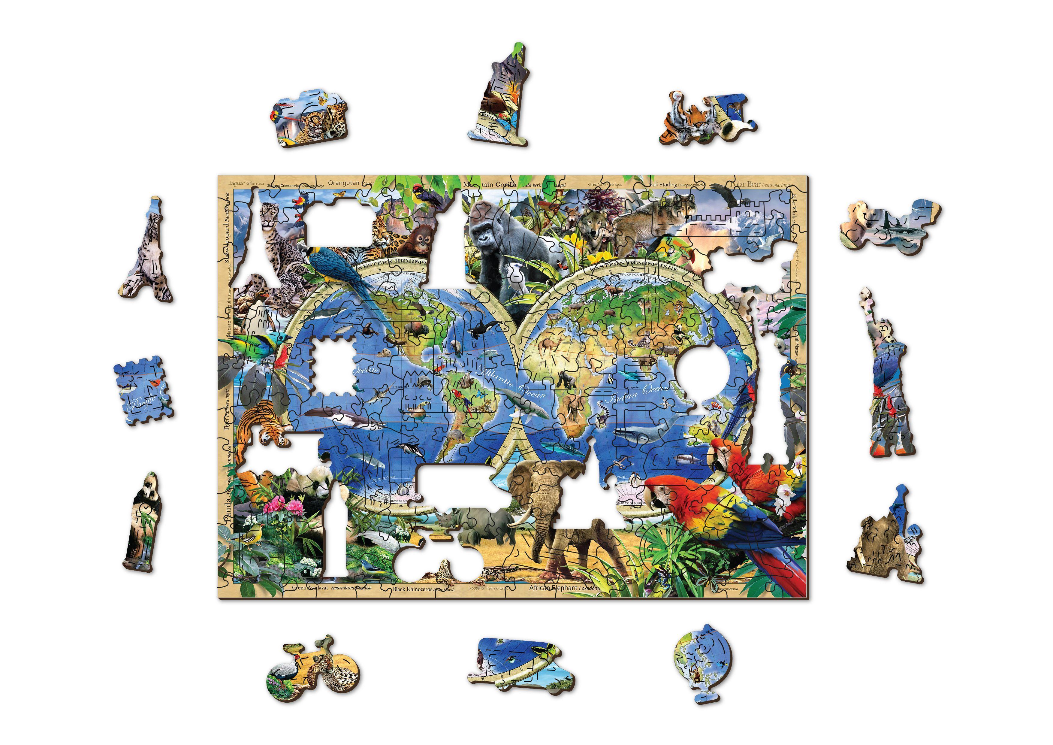 Drewniane Puzzle z figurkami – Zwierzęta świata mapa rozm. XL, 1010 elementów