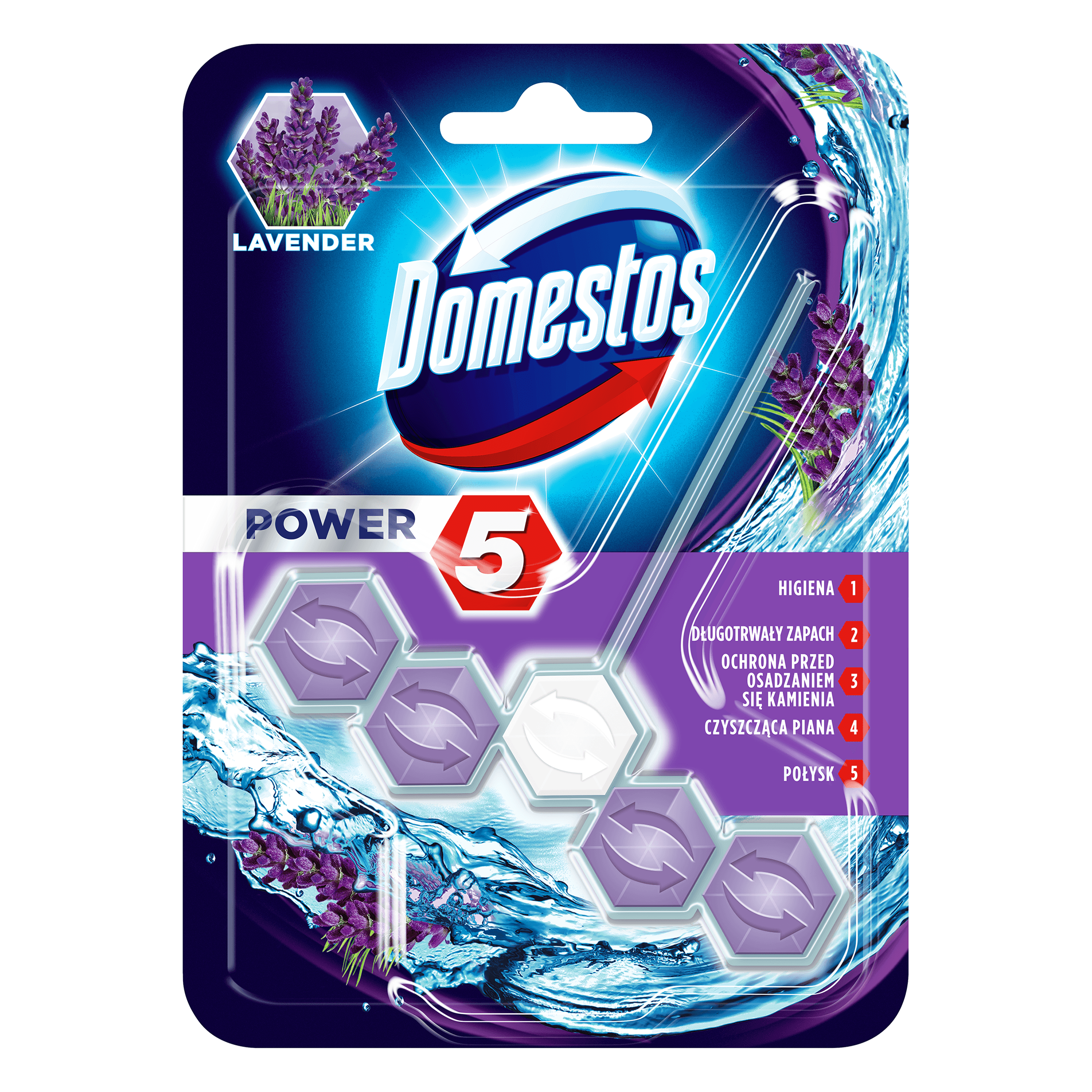 Kostka zapachowa do toalet Domestos Power 5, 55g - Lavender