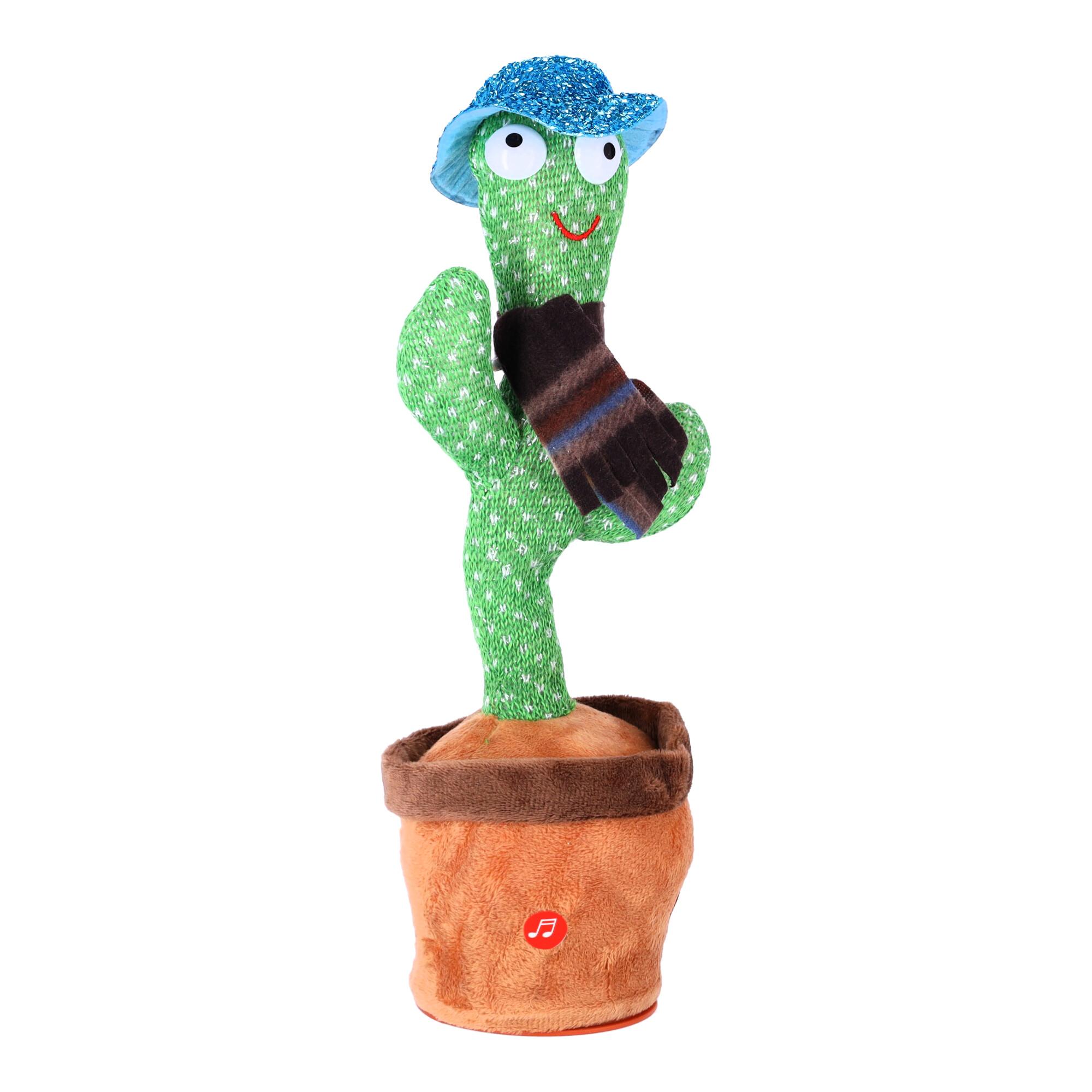 Zabawka dla dzieci - Tańczący kaktus - z szalikiem w kratę i niebieskim kapeluszem