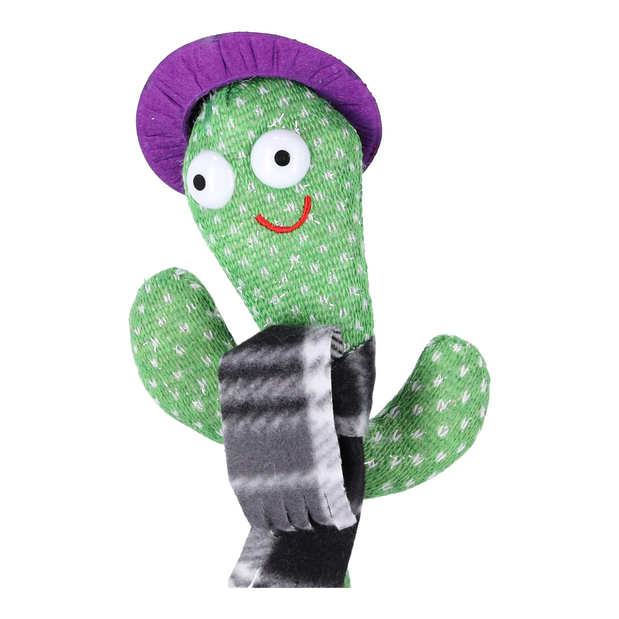 Zabawka dla dzieci - Tańczący kaktus - z czarnym szalikiem w kratę i fioletowym kapeluszem