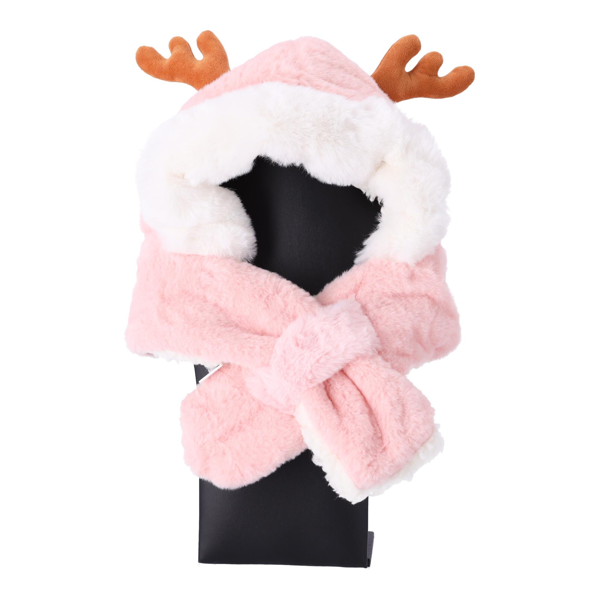 Children's plush hat with a scarf for children aged 1 to 7 – light pink with deer ears