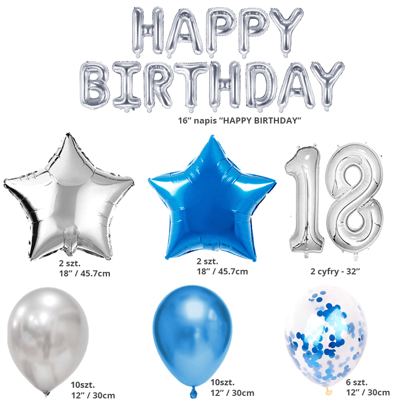 A set of balloons for 18th birthday - silver - blue