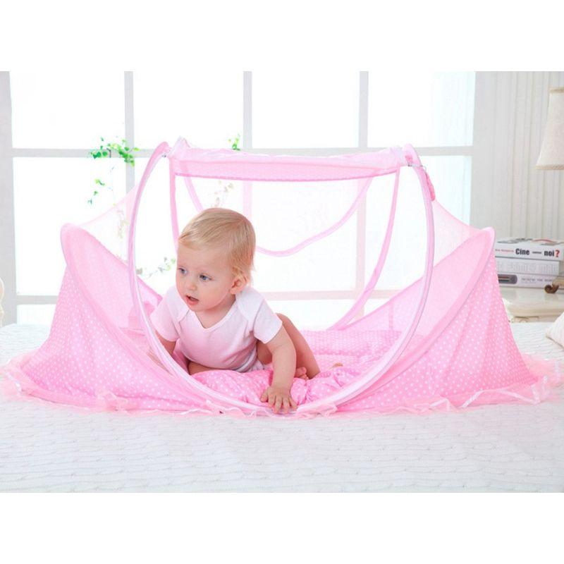Folding travel cot with mosquito net (with mat) - pink