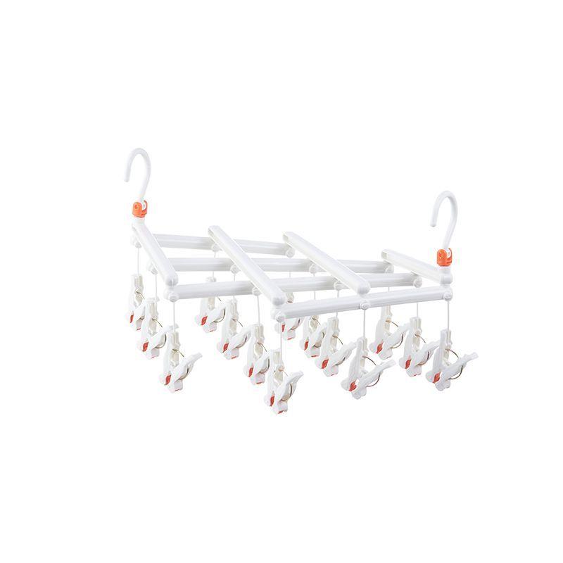 Plastic foldable clothes hanger with clips - 14 clips - white