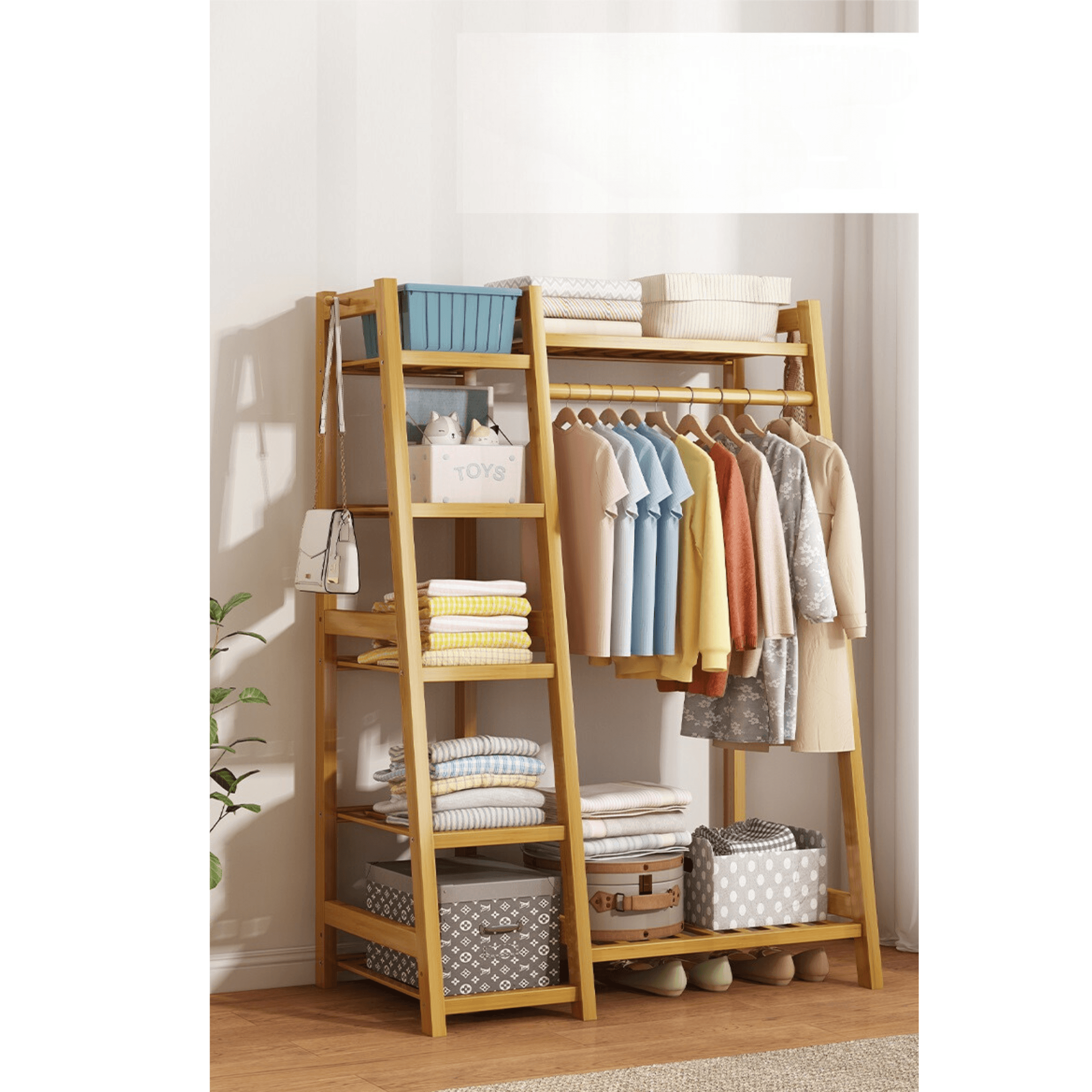 Bamboo free-standing trapezoidal clothes rack with 2-level shelves, width 116 cm.