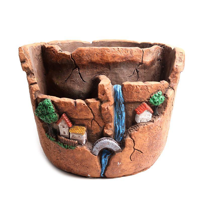 Dekoracyjna ceramiczna doniczka / donica z krajobrazem – wodospad, kolor brązowy