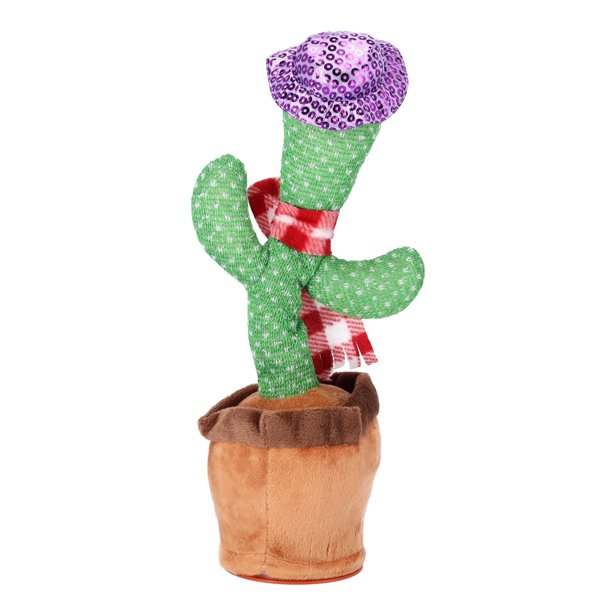 Zabawka dla dzieci - Tańczący kaktus - z czerwonym szalikiem w kratę i fioletowym kapeluszem