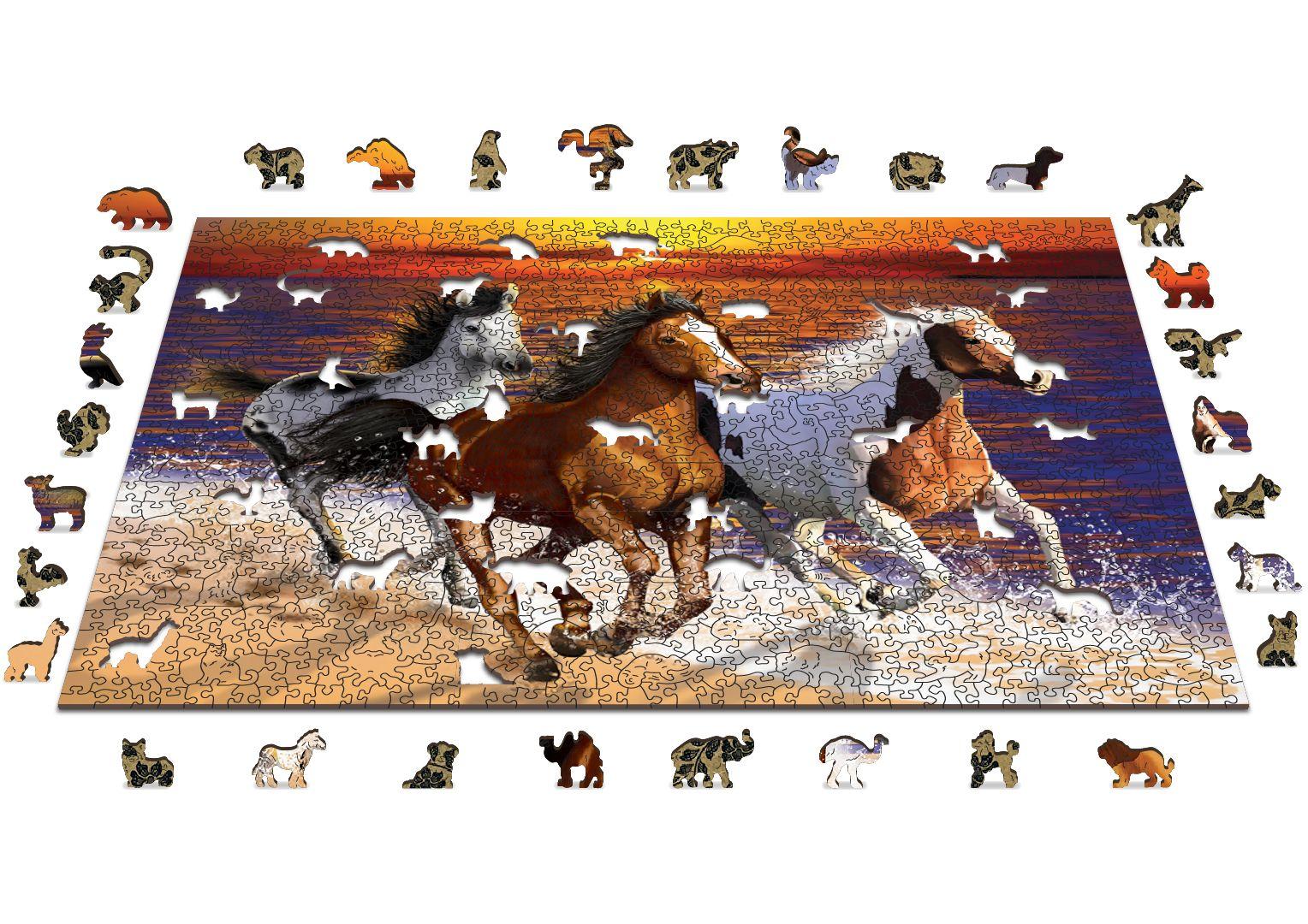 Drewniane Puzzle z figurkami - Dzikie konie na plaży, 1010 elemntów